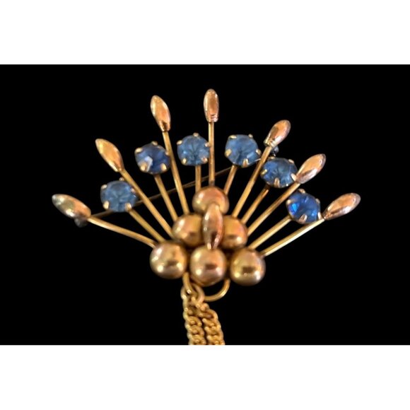 Vtg Star-Art Gold-Tone Double Brooch Blue Rhinestones & Draped Chains - Picture 3 of 6